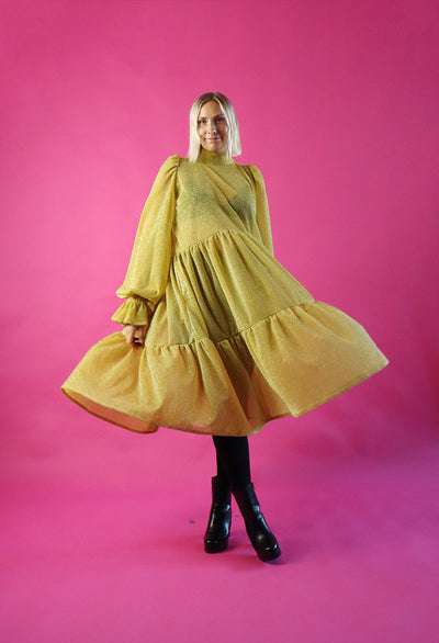 Dishy Dress Rusettikauluksella - Glitter Kulta M/L